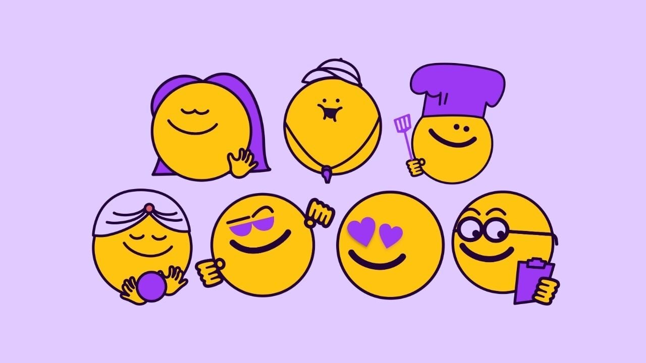A diverse group of seven yellow smiley face emojis wearing different purple accessories, including a chef's hat, glasses, and a turban.