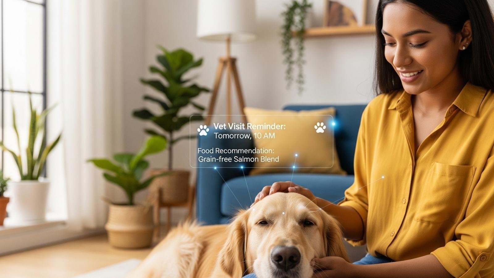 Pet owner using AI-powered personalization for pet care, showing vet visit reminders and tailored food recommendations.