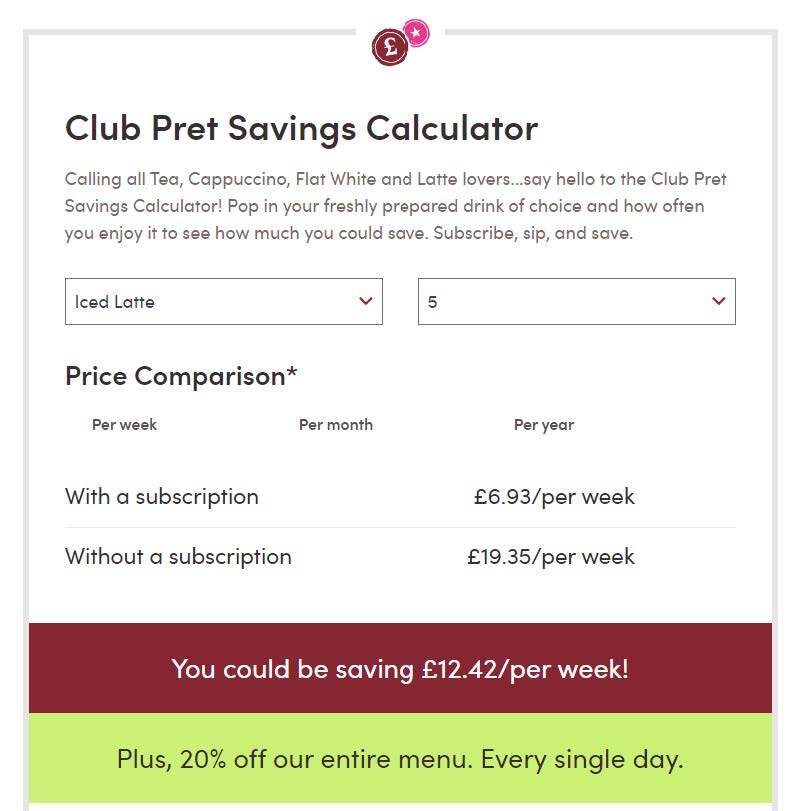 Club Pret Savings Calculator