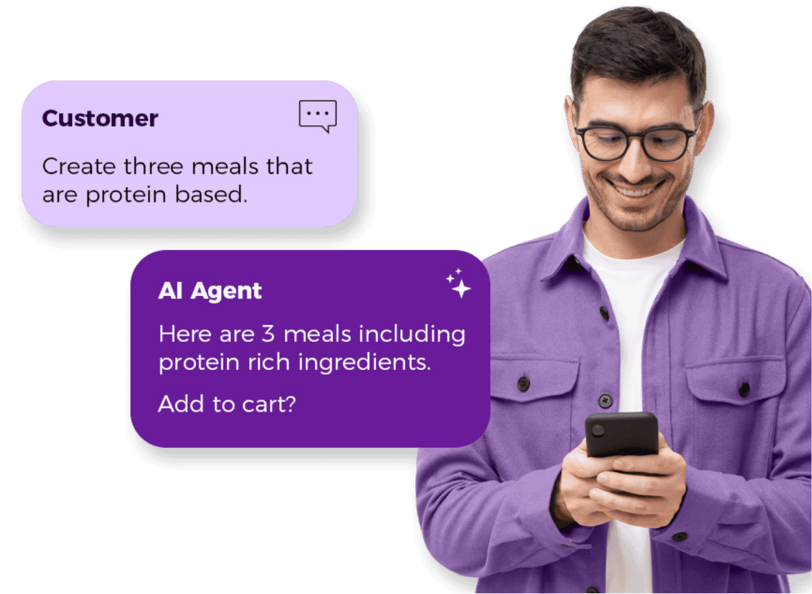 Customer uses an AI agent on a phone to create protein-rich meals and add them to cart