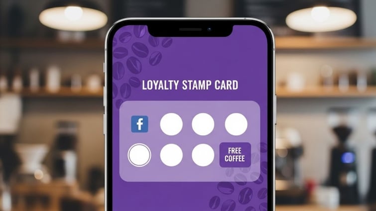 Digital loyalty stamp card on a smartphone app showing coffee rewards, with free coffee earned after collecting stamps in a cafe setting.