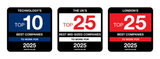 Three 2025 Best Companies award badges for technology, UK mid-sized, and London rankings