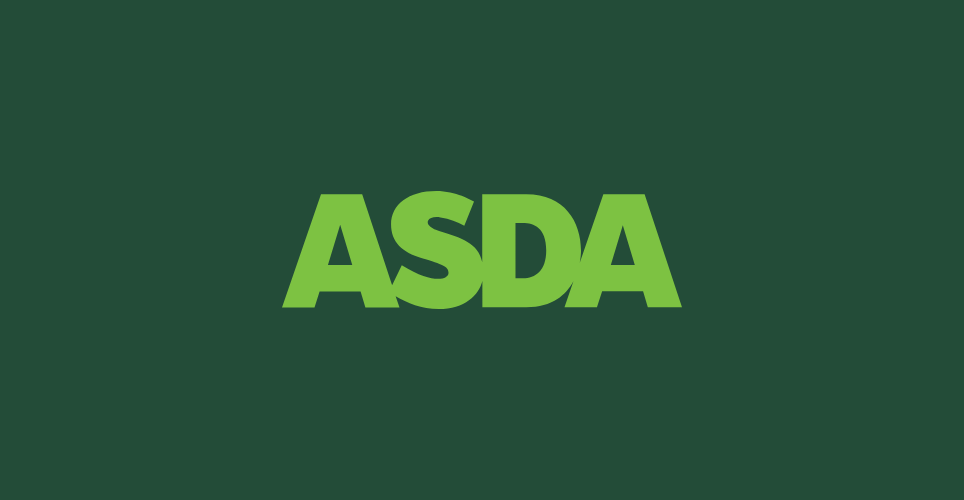 Bright green 'ASDA' logo centered on a dark green background. The bold, uppercase letters convey simplicity and modernity.