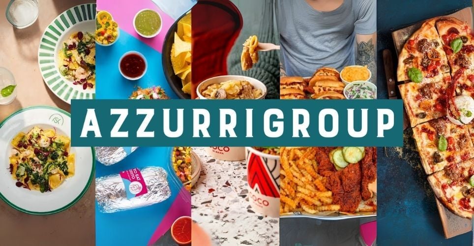 Azzurri Group logo with collage of restaurant dishes including pasta, tacos, burgers, fried chicken, and pizza representing its diverse dining brands