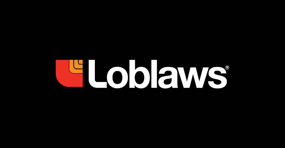 Black background with the Loblaw logo, featuring the word 'Loblaws' in white, next to a red and orange geometric icon. Modern and minimalistic design.