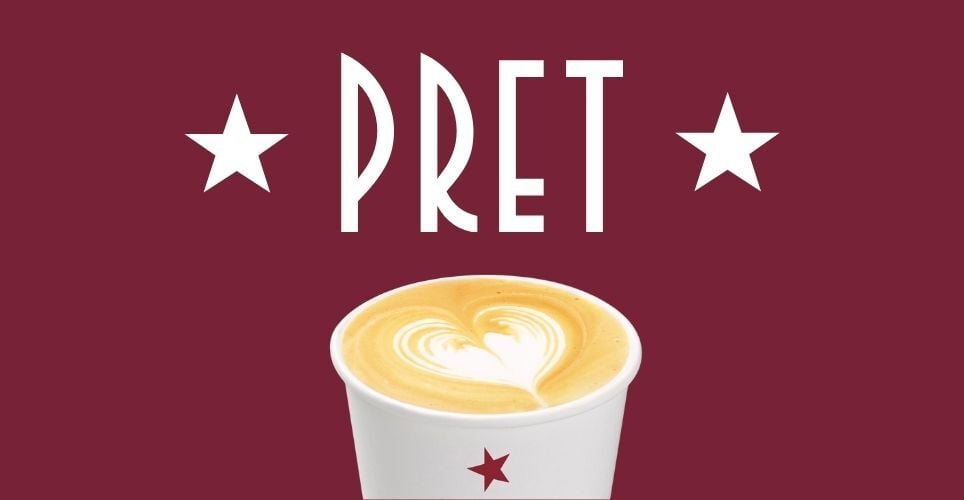 Pret logo with coffee cup featuring latte art heart design, representing Pret A Manger coffee and café branding