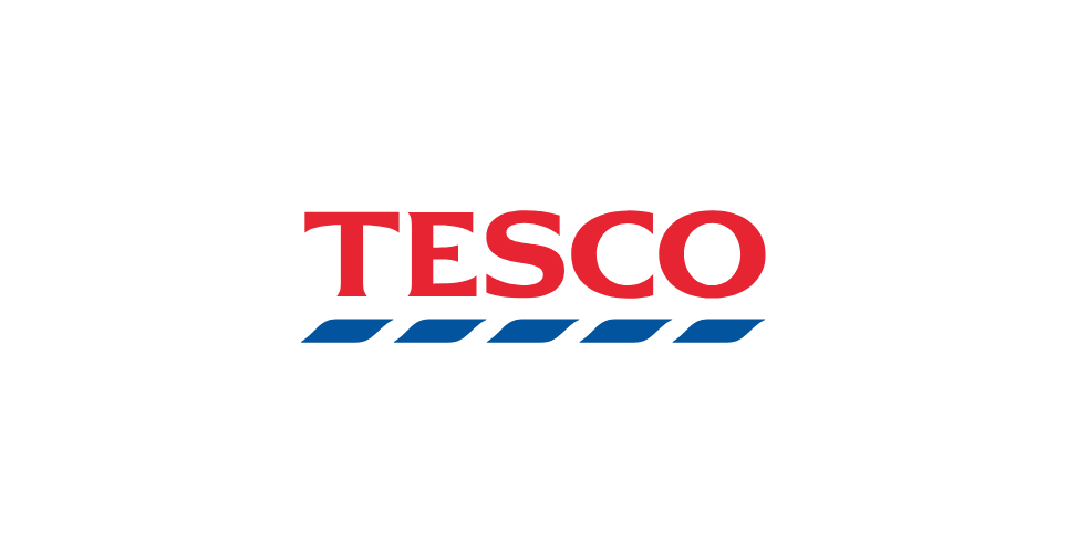 The image shows the Tesco logo, featuring the name Tesco in bold red letters above a series of blue horizontal stripes on a white background.