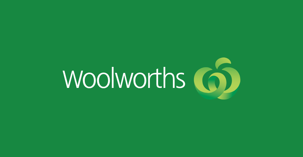 Woolworths logo with green background and stylized fresh produce symbol representing the Australian supermarket brand