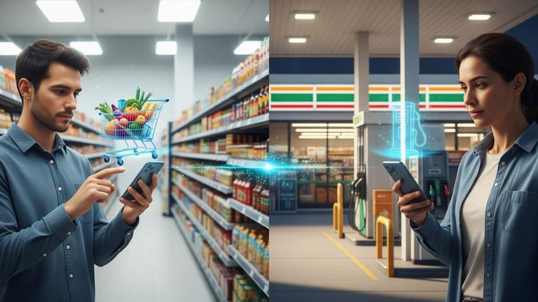 Personalized loyalty concept showing AI-driven offers in grocery retail and fuel discounts, highlighting data-powered customer engagement.