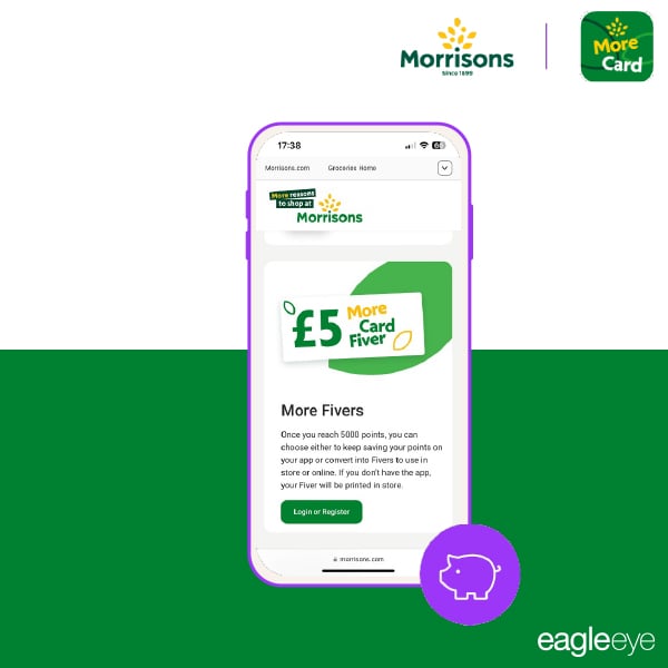 Mobile screen showing Morrisons More Card Fiver – £5 reward redeemable after reaching 5000 points, with options to redeem digitally or print in store.