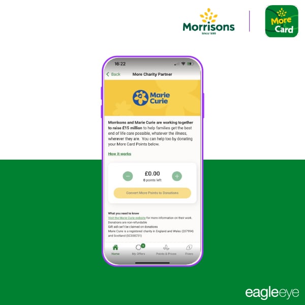 Morrisons app screen displaying charity donations feature, where customers can convert More Card points into donations for Marie Curie.