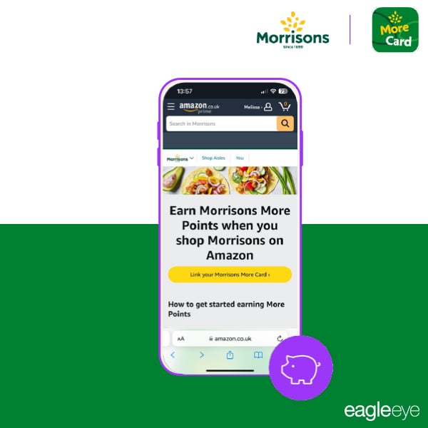 Mobile screen of Amazon site promoting Morrisons More Points for purchases made on Amazon, encouraging customers to link their More Card.