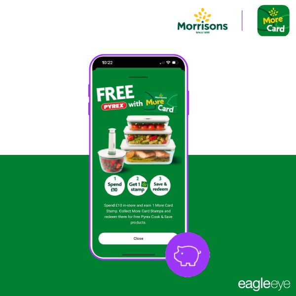 Mobile screen displaying stamp card campaign where Morrisons More Card holders can collect stamps to redeem free Pyrex Cook & Save products.
