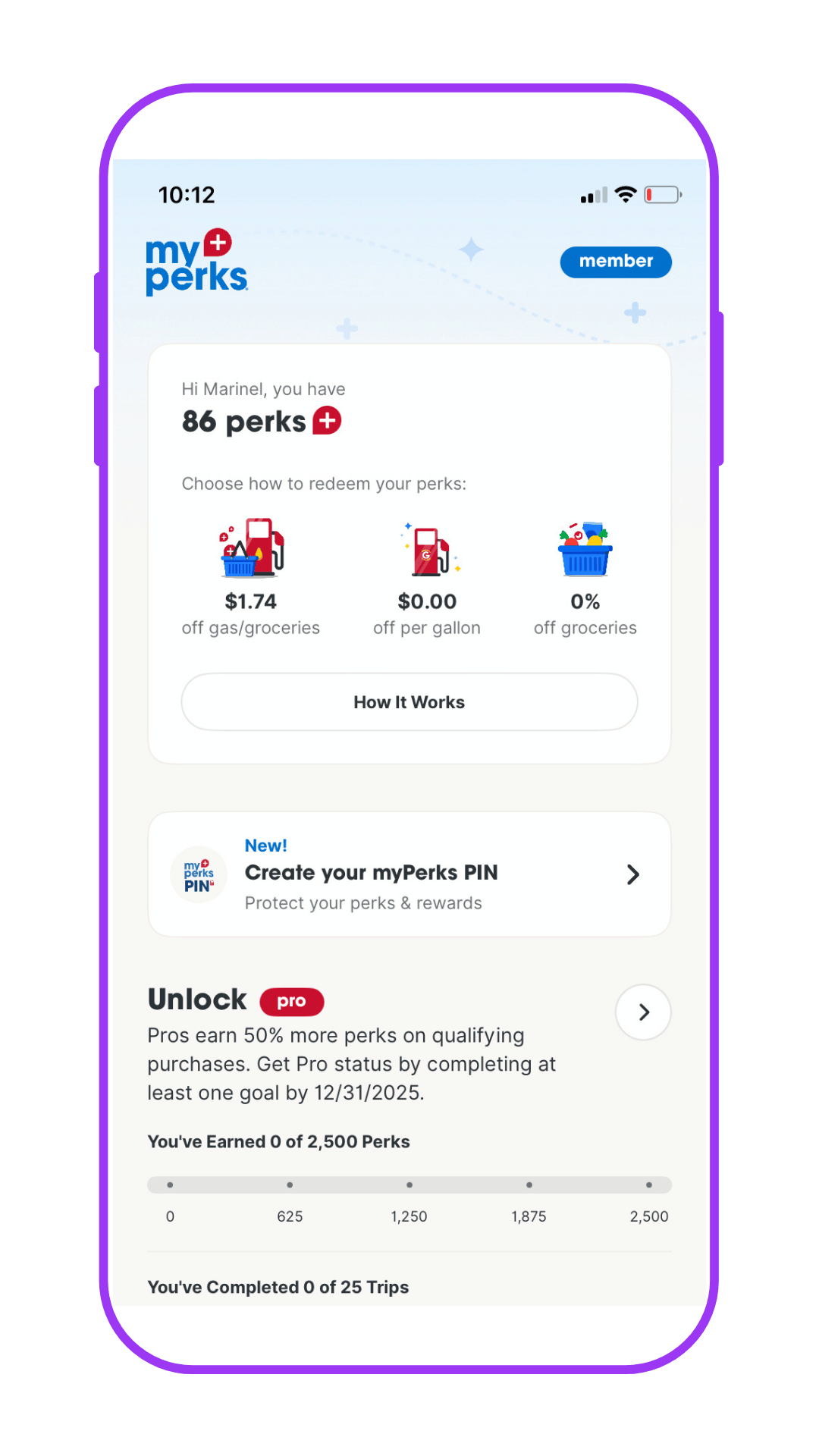myPerks dashboard showing perks balance, gas and grocery savings, and Pro status tracker