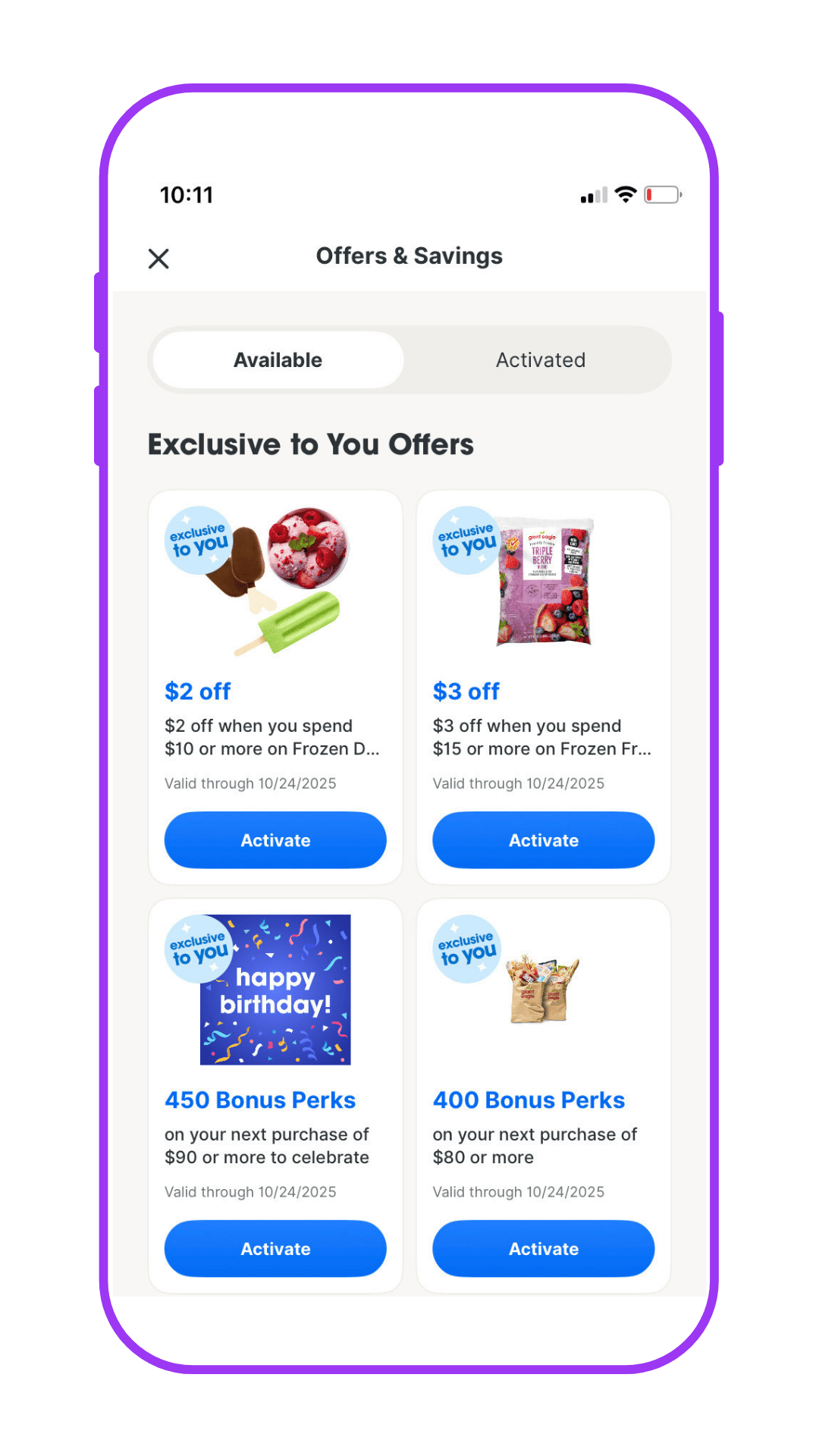 myPerks Offers and Savings screen showing personalized grocery discounts and bonus perks