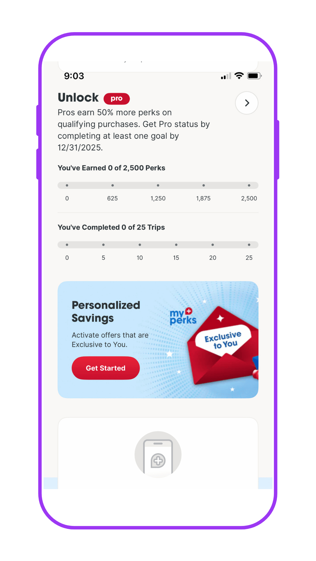 myPerks Pro unlock screen showing progress toward 2,500 perks and 25 trips