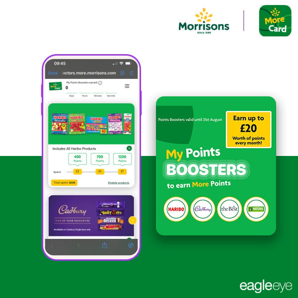 Morrisons app screen showing My Points Boosters promotion, allowing customers to earn up to 10,000 More Card points by purchasing selected products.