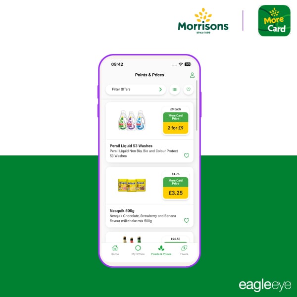 Morrisons app screen showcasing exclusive member pricing for More Card holders, with discounted prices on popular products.