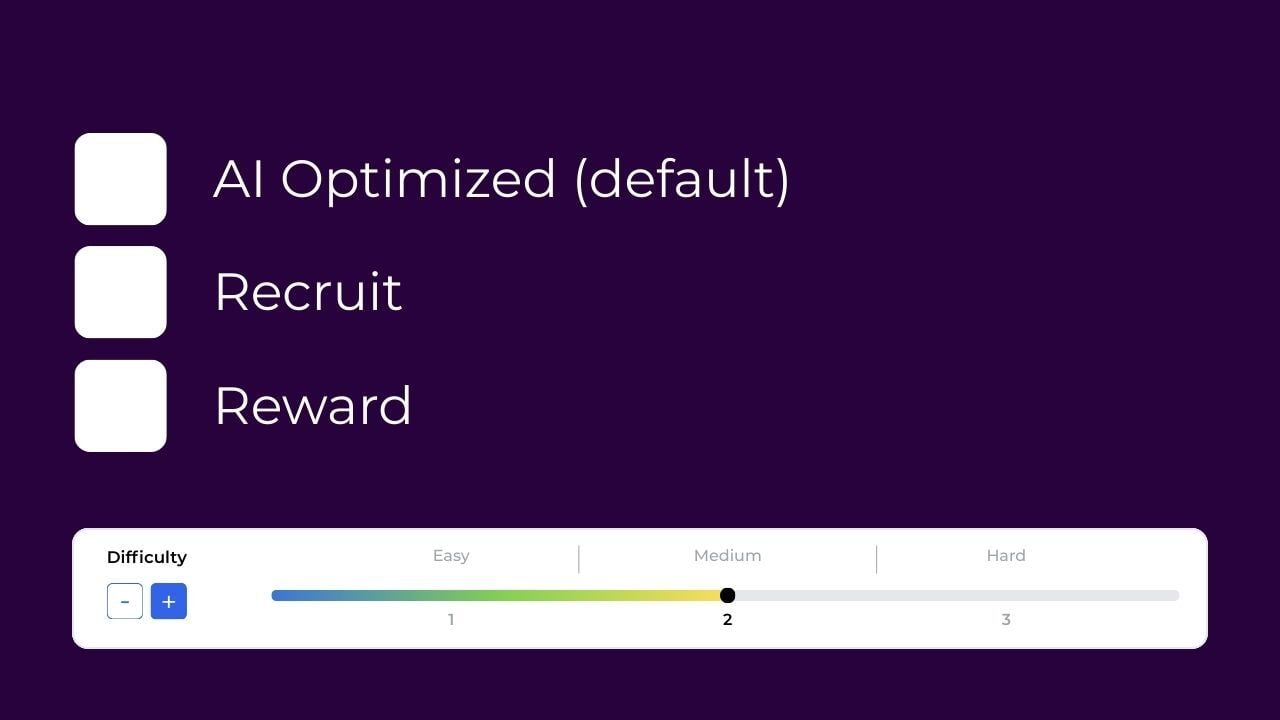 Menu options reading AI Optimized (default), Recruit, and Reward, positioned above a difficulty slider set to level 2 Medium.