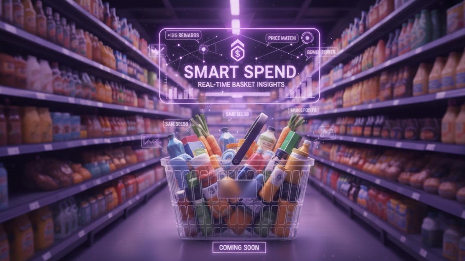 Smart Spend: Real-Time Basket Insights. Holographic display over groceries in a purple-themed supermarket aisle. Coming Soon.