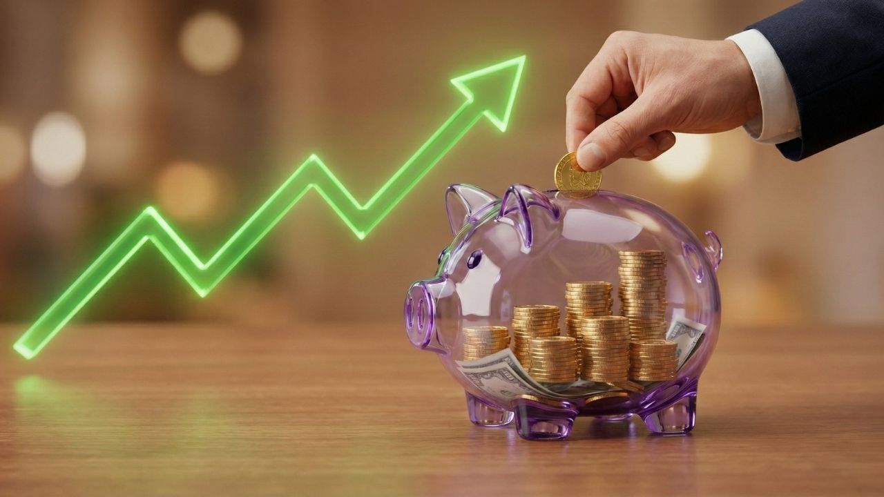 Hand depositing a gold coin into a transparent piggy bank filled with coins, with a glowing green arrow trending upward in the background.
