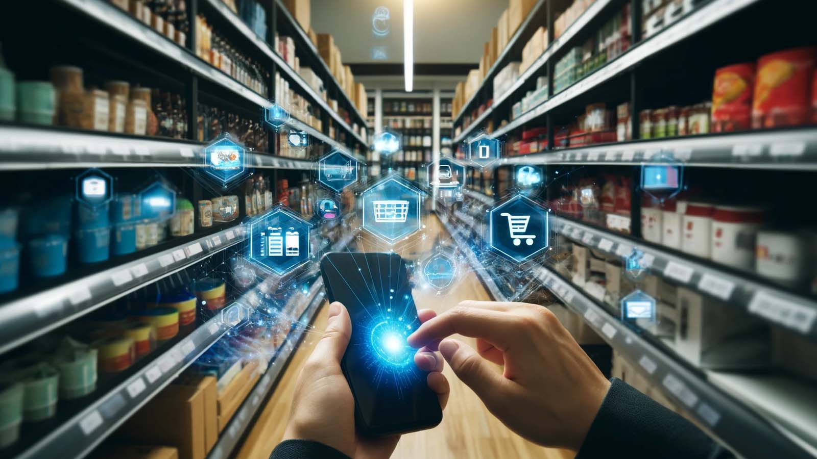 Shopper using smartphone with digital icons in grocery aisle, symbolizing retail tech and digital engagement