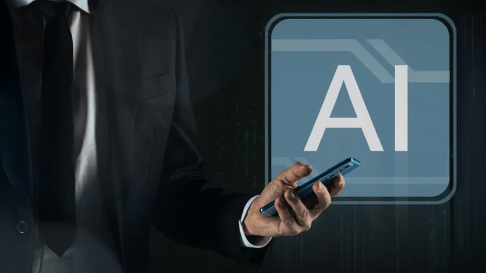 Businessman using smartphone in front of AI graphic, representing artificial intelligence in personalized retail offers