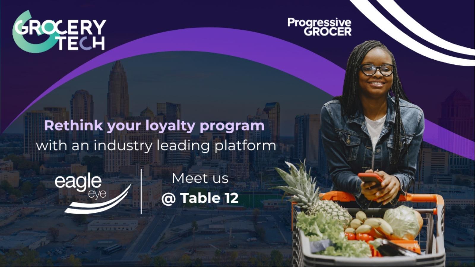 GroceryTech 2026 booth ad promoting Eagle Eye loyalty platform at Progressive Grocer event