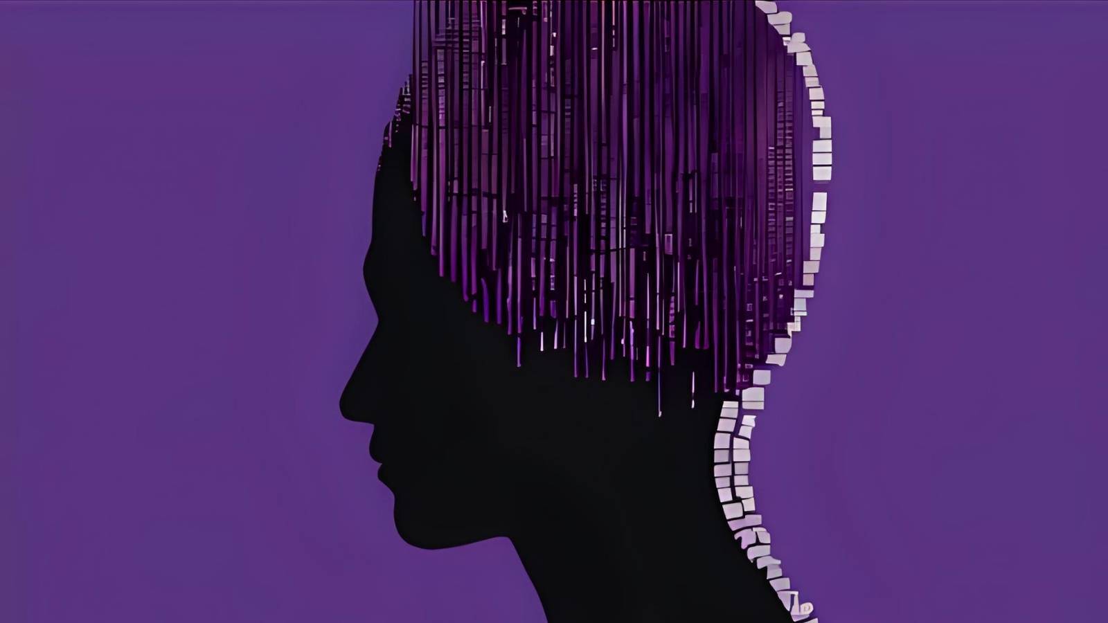 Abstract AI concept art showing a black human head silhouette on a purple background, with streams of digital code and data blocks flowing into the brain, symbolizing artificial intelligence and information processing.