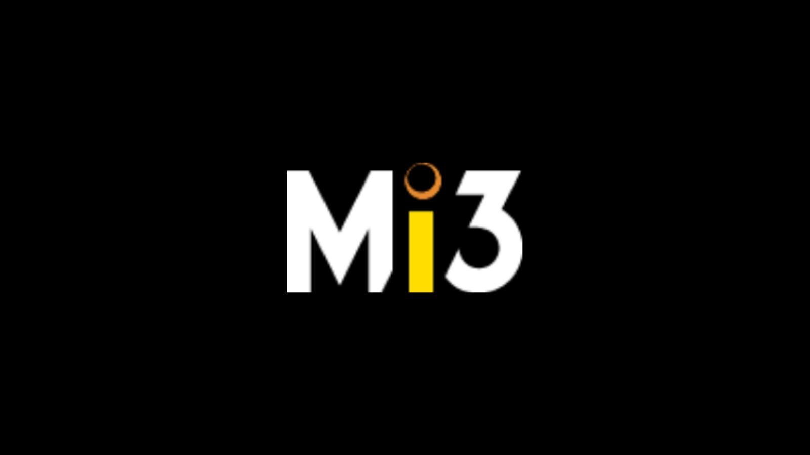 Mi3 logo with white and yellow lettering on a black background