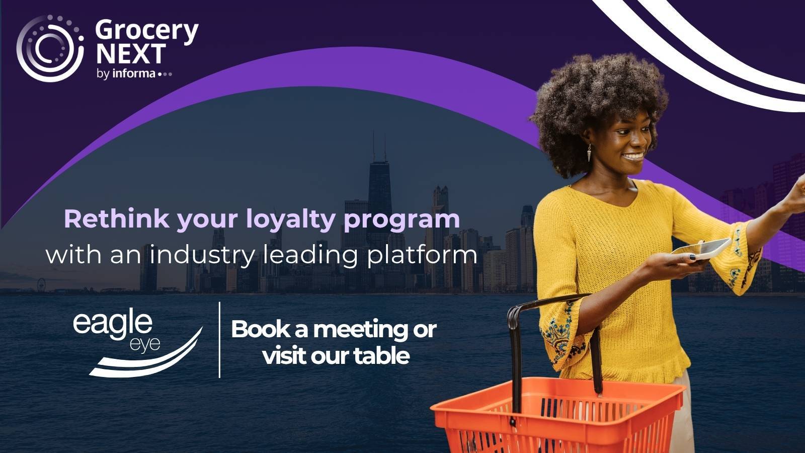 Woman holding a smartphone and an orange shopping basket, with Grocery NEXT and Eagle Eye event banner text.