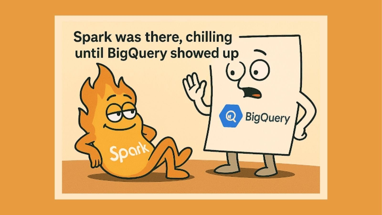 Spark and BigQuery cartoon characters joking about competition in data processing