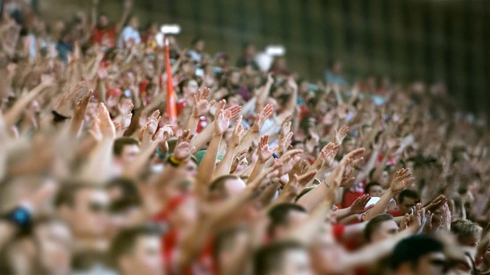 Crowd of loyal fans raising hands in unison, symbolizing customer loyalty and collective brand engagement