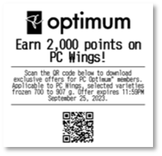 PC Optimum receipt offer: Earn 2,000 points on PC Wings by scanning the QR code before September 25, 2023.