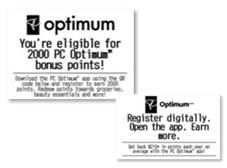 Two PC Optimum receipt offers: (left) Eligible for 2,000 bonus points when registering through the app; (right) Register digitally in the PC Optimum app to earn more, with average members saving $215 annually in points.