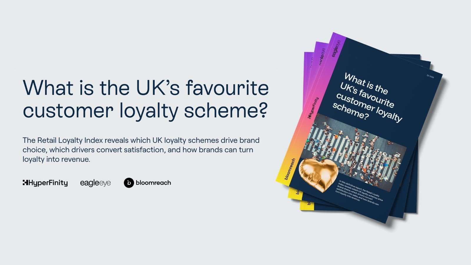 Promotional graphic for the Retail Loyalty Index report by HyperFinity, Eagle Eye, and Bloomreach, featuring a stack of report booklets and the headline 'What is the UK’s favourite customer loyalty scheme?'