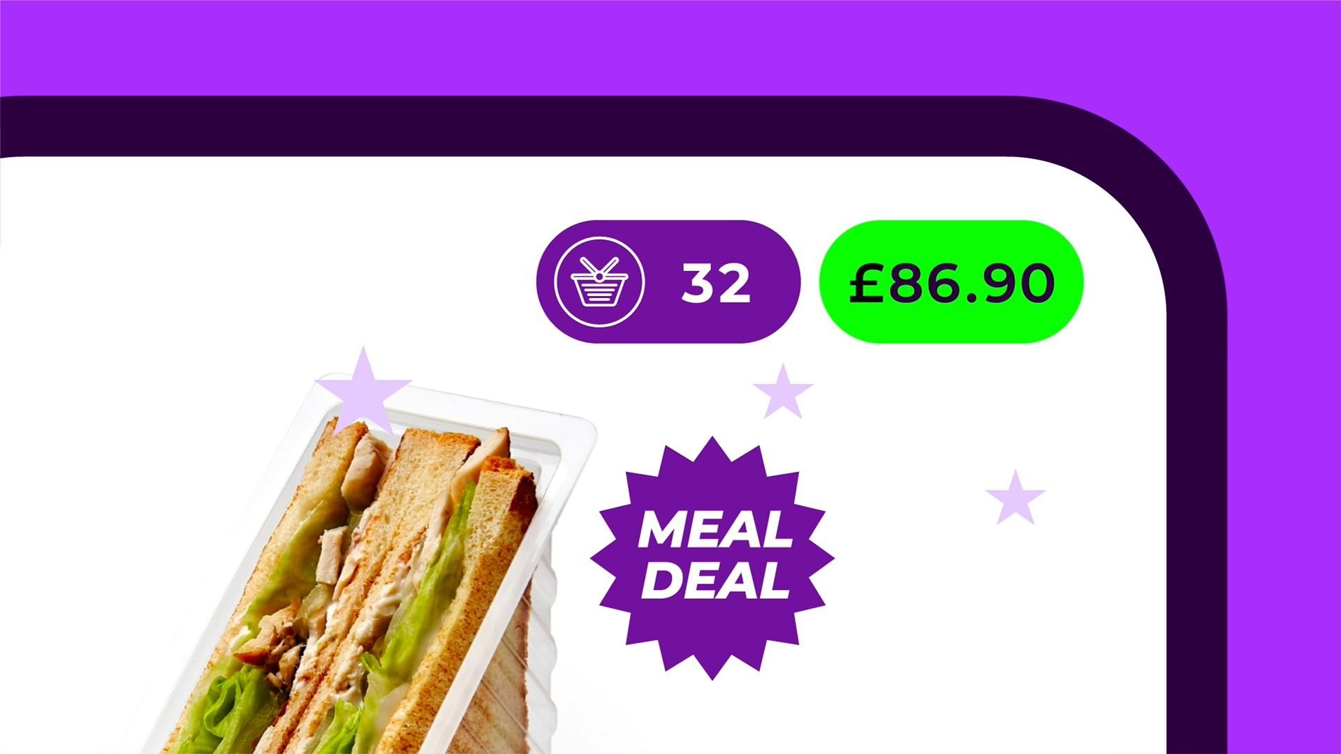 Smart Checkout interface calculating 32 basket items with total £86.90 and applying a meal deal discount in real time.
