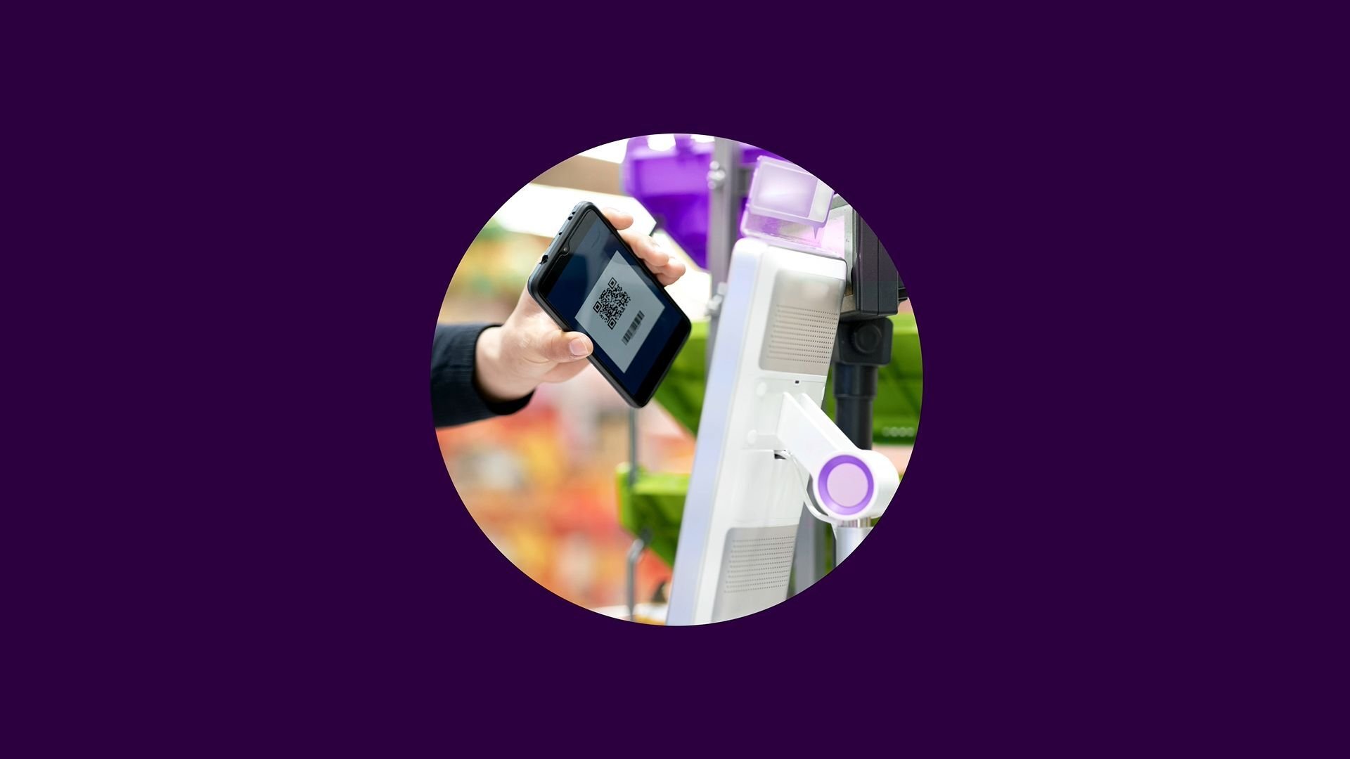 Shopper scanning a digital loyalty card QR code at a POS terminal, with Smart Checkout identifying the member instantly.