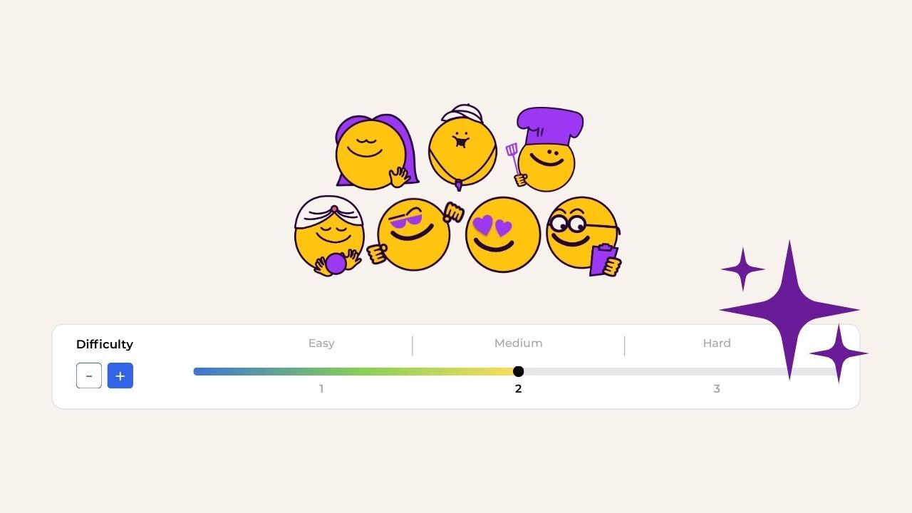 Difficulty slider set to level 2 Medium, positioned below a group of seven diverse yellow smiley face emojis.